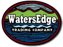 "WatersEdge Trading Company" can be read on top of a blue green background that implies mountains and water, which is outlined in a maroon color.